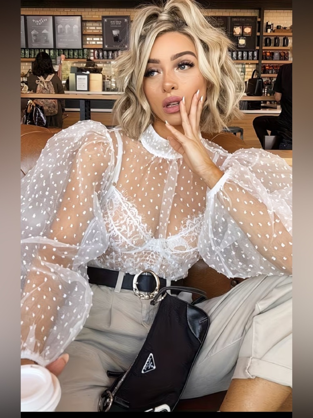 Sheer White Swiss Dot Puff Sleeve Blouse